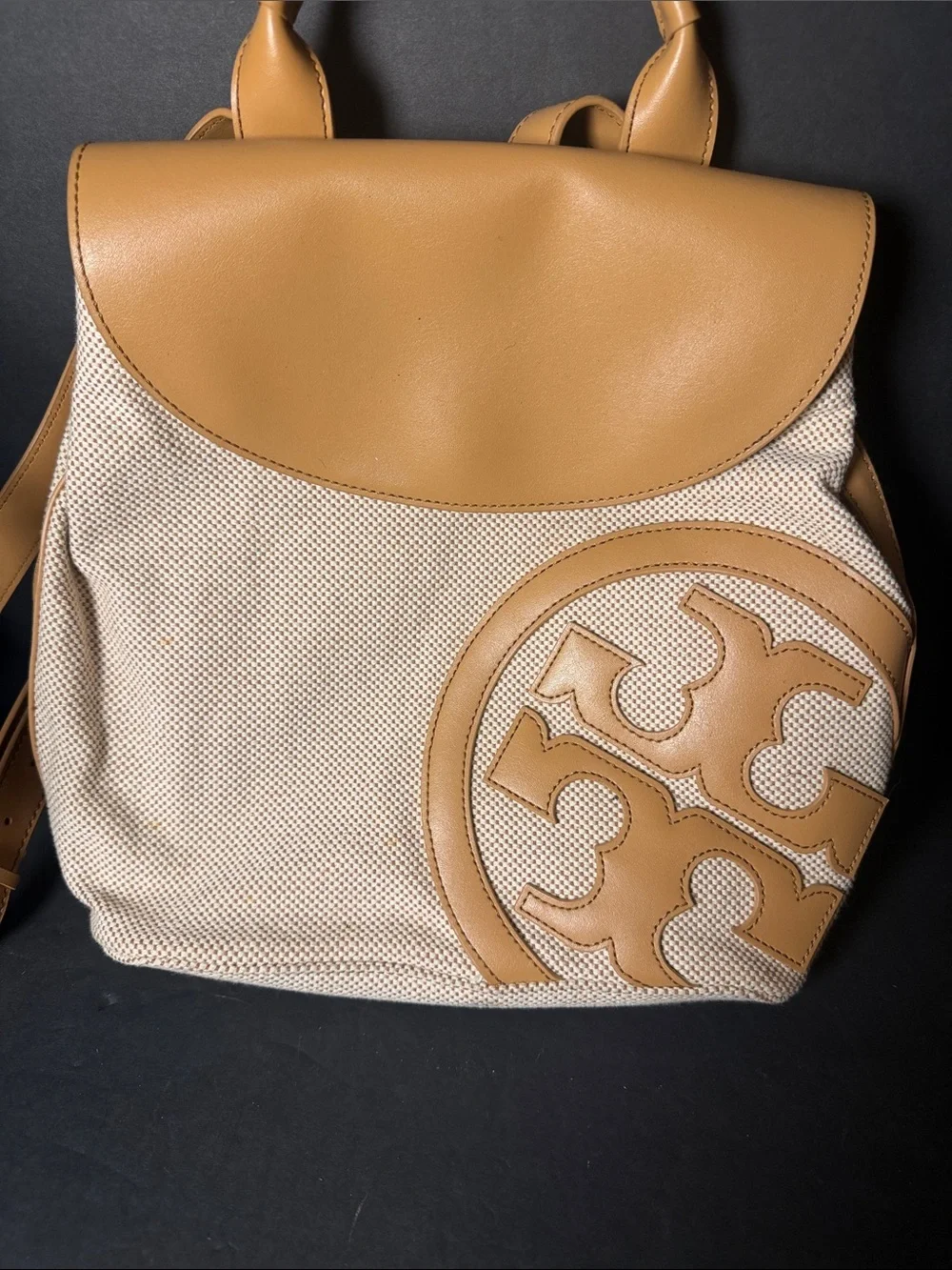 Tory Burch Cream Canvas Backpack with Tan Leather Trim